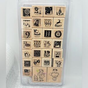 27Piece Lot Wooden Mounted Rubber Stamps Christmas Holiday Large Small Navidad
